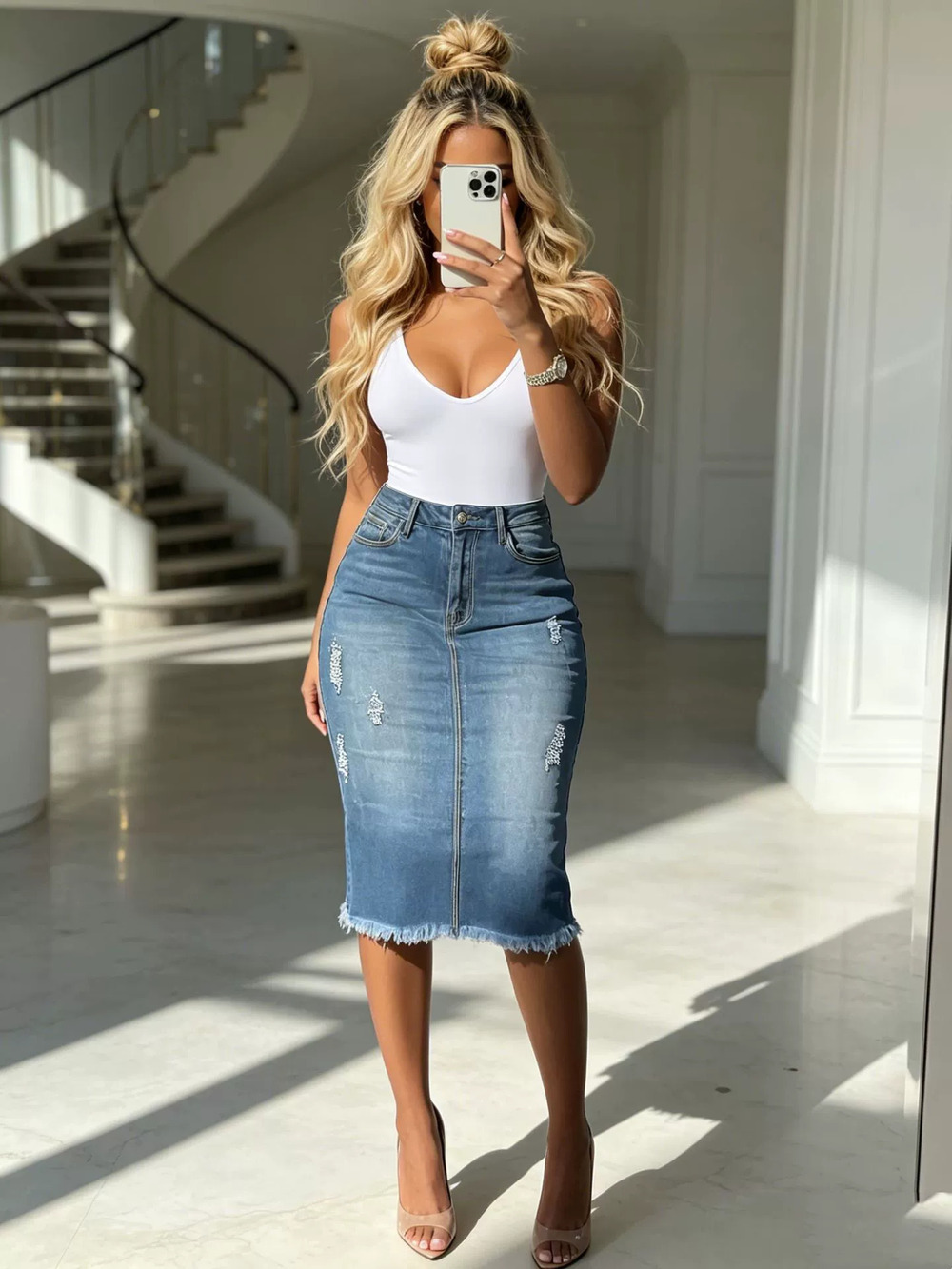 ZARA A Line Denim Long Skirt High Waist Slimming US Sizes Factory Direct